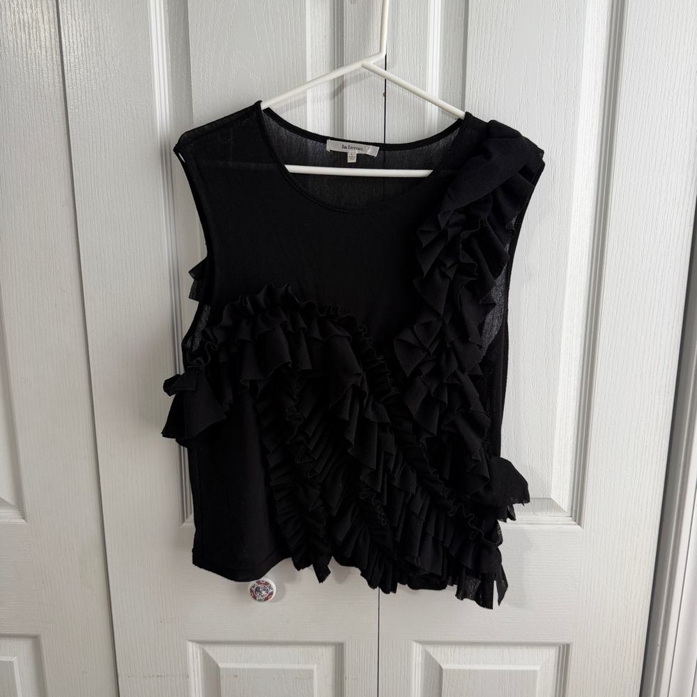 Lalavon black ruffle semi sheer tank size large